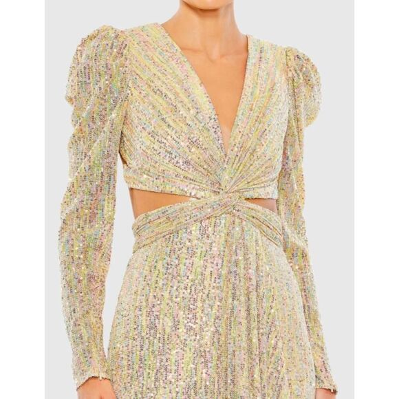 Ieena for Mac Duggal Gold Metallic Puff Sleeve Cut Out Gown - Size 6 - NWT - Picture 2 of 7